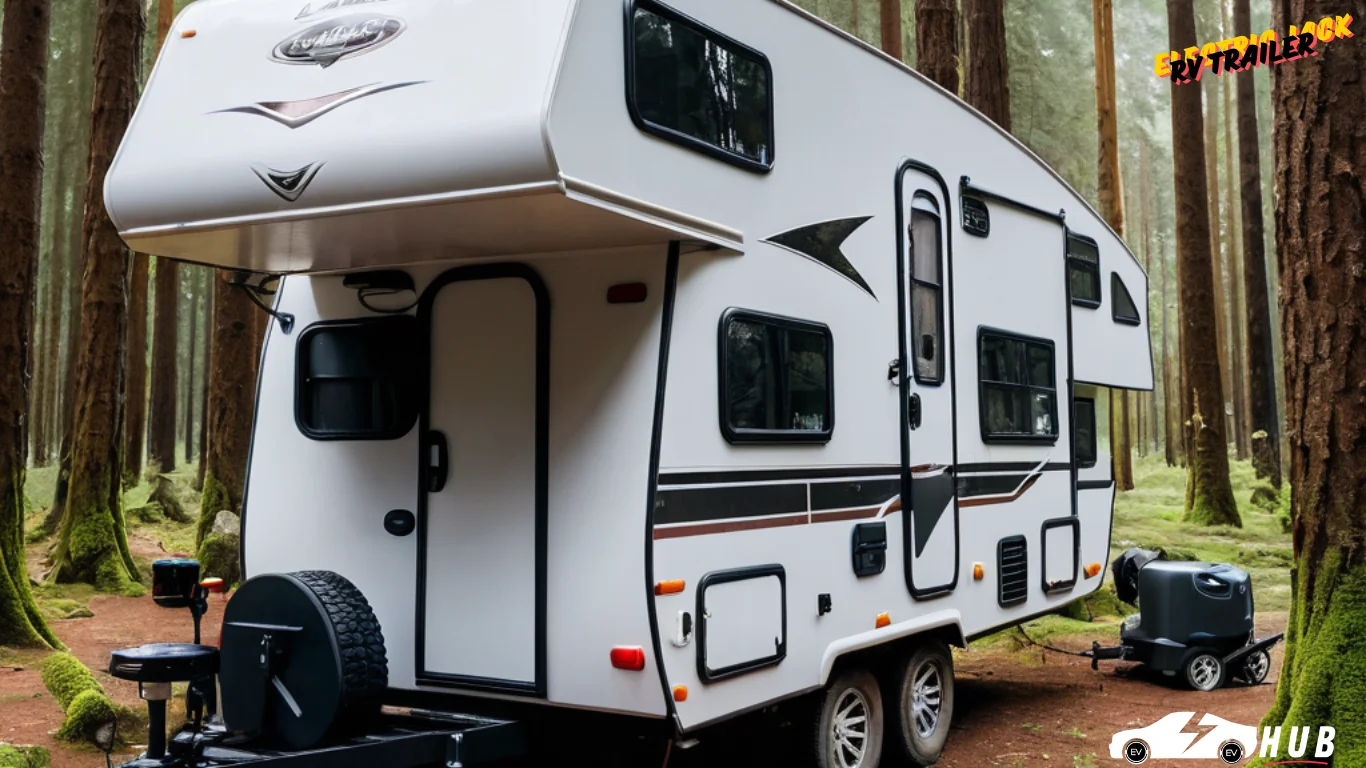 A camper trailer featuring an electric jack, parked in a peaceful forest setting, highlighting the beauty of the outdoors.