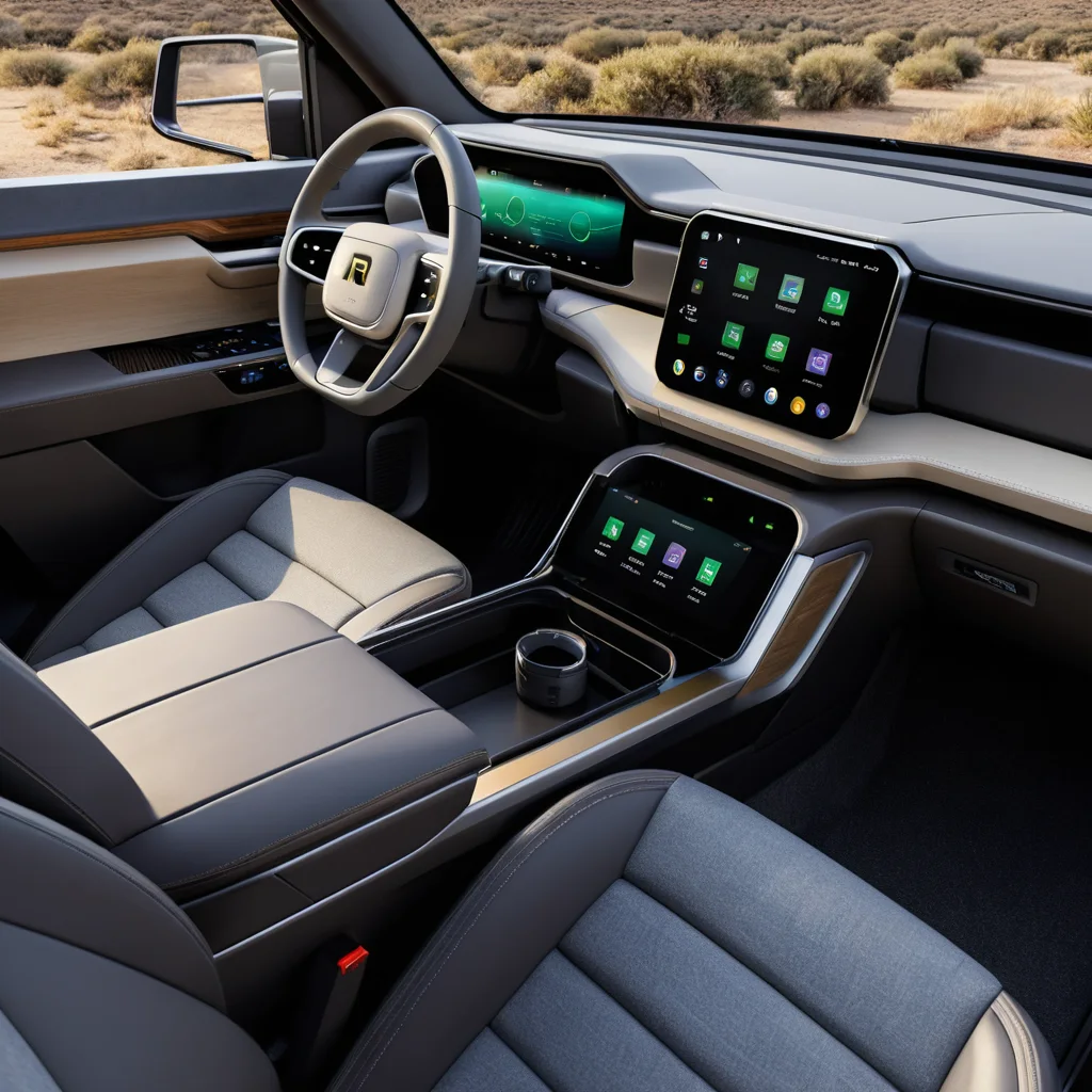 A detailed view of the Rivian R1S interior, showcasing its modern design and advanced technology features.