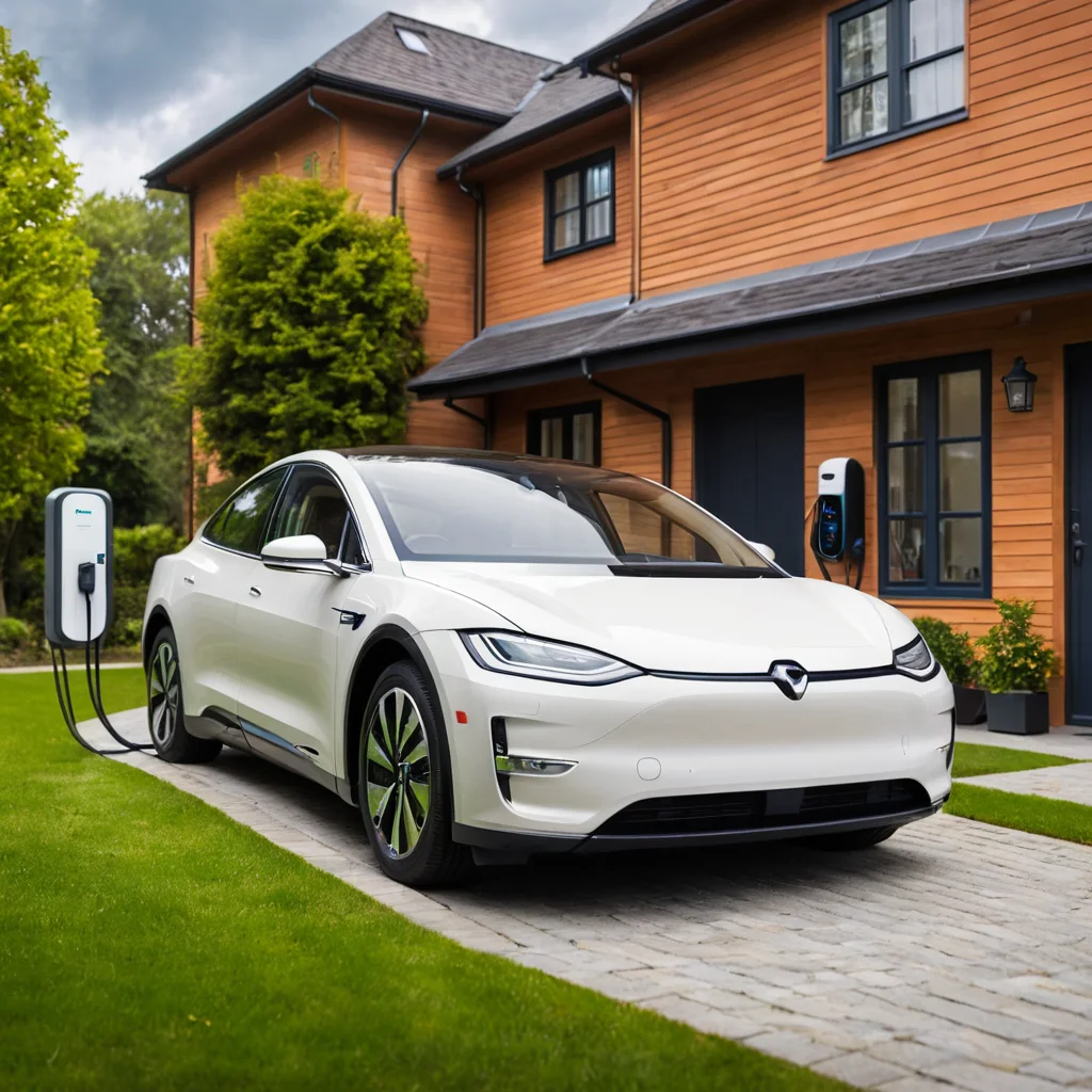 Home charging of a Tesla Model 3 electric car with an EV charger, representing advancements in electric vehicle technology.