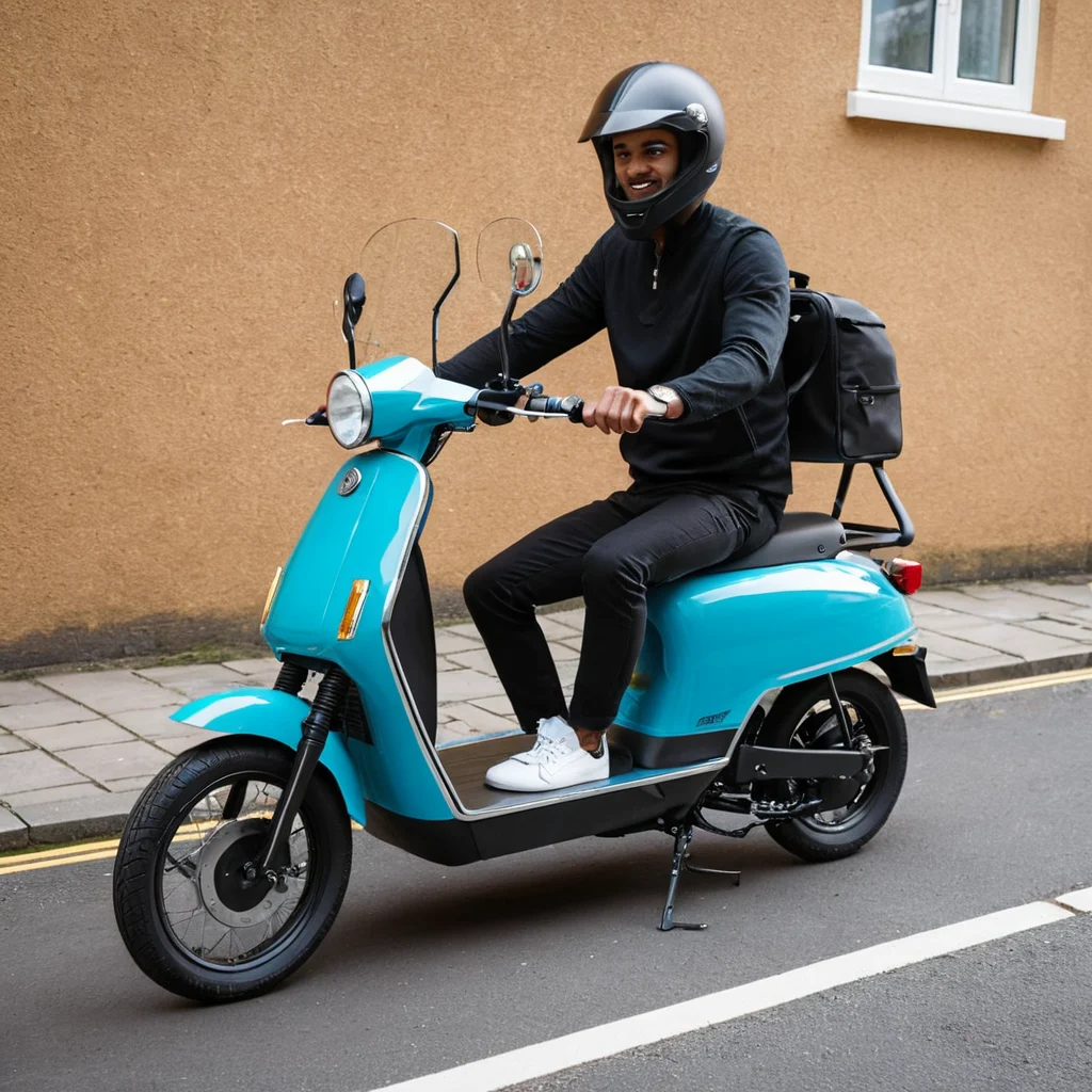 A man in a helmet navigates a blue scooter, representing the best electric moped selections in the UK market.