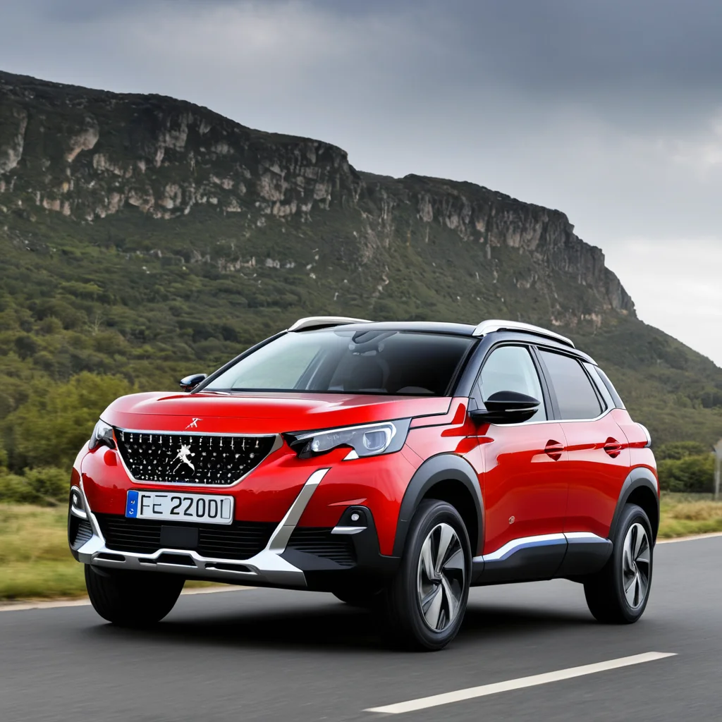 The Peugeot e-2008 SUV drives along a scenic road, showcasing its modern design and electric capabilities.