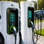 Two electric car charging stations with digital displays and charging cables plugged in, set against a background of parked cars and greenery, representing the nearest electric car charging station.