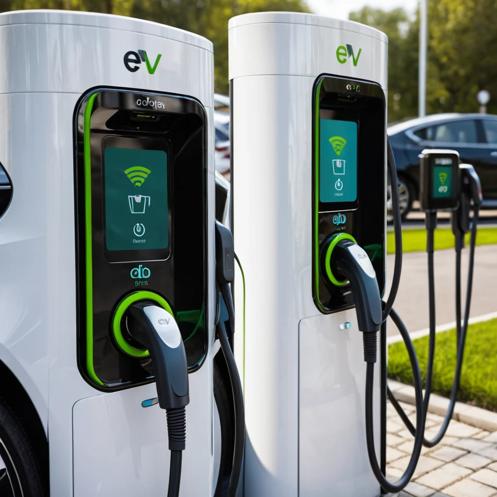 Two electric car charging stations with digital displays and charging cables plugged in, set against a background of parked cars and greenery, representing the nearest electric car charging station.