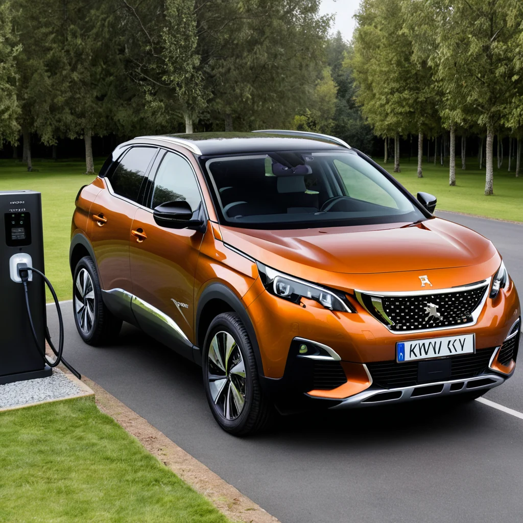 The orange Peugeot 3008 SUV is plugged into an electric charging station, highlighting its eco-friendly features